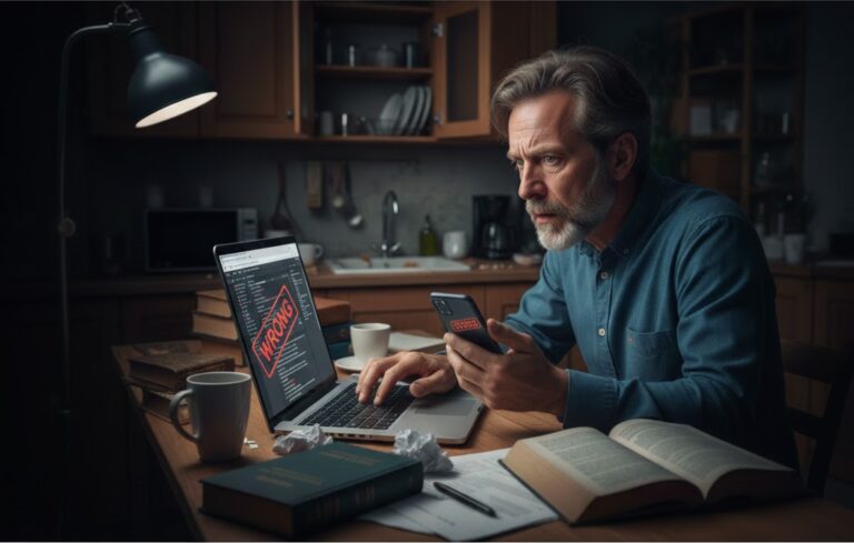 A Man making changes to his website after getting caught telling lies.